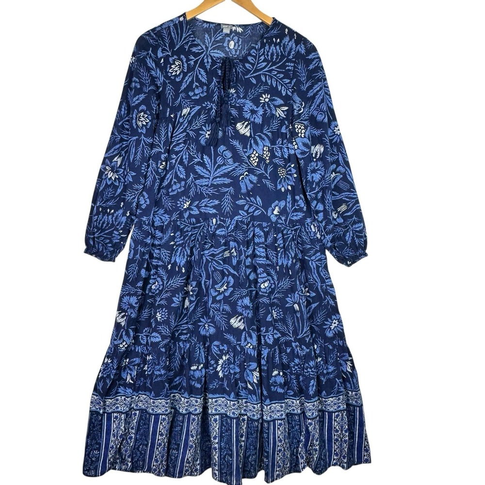 Aerie‎ Boho Floral Tiered Midi Dress Womens Small Blue Tassel Tie Peasant Cotton